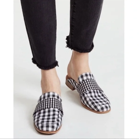 Free People At Ease Loafer Mule Checked Gingham Black White Tan EU 37 US 7 - Picture 2 of 16